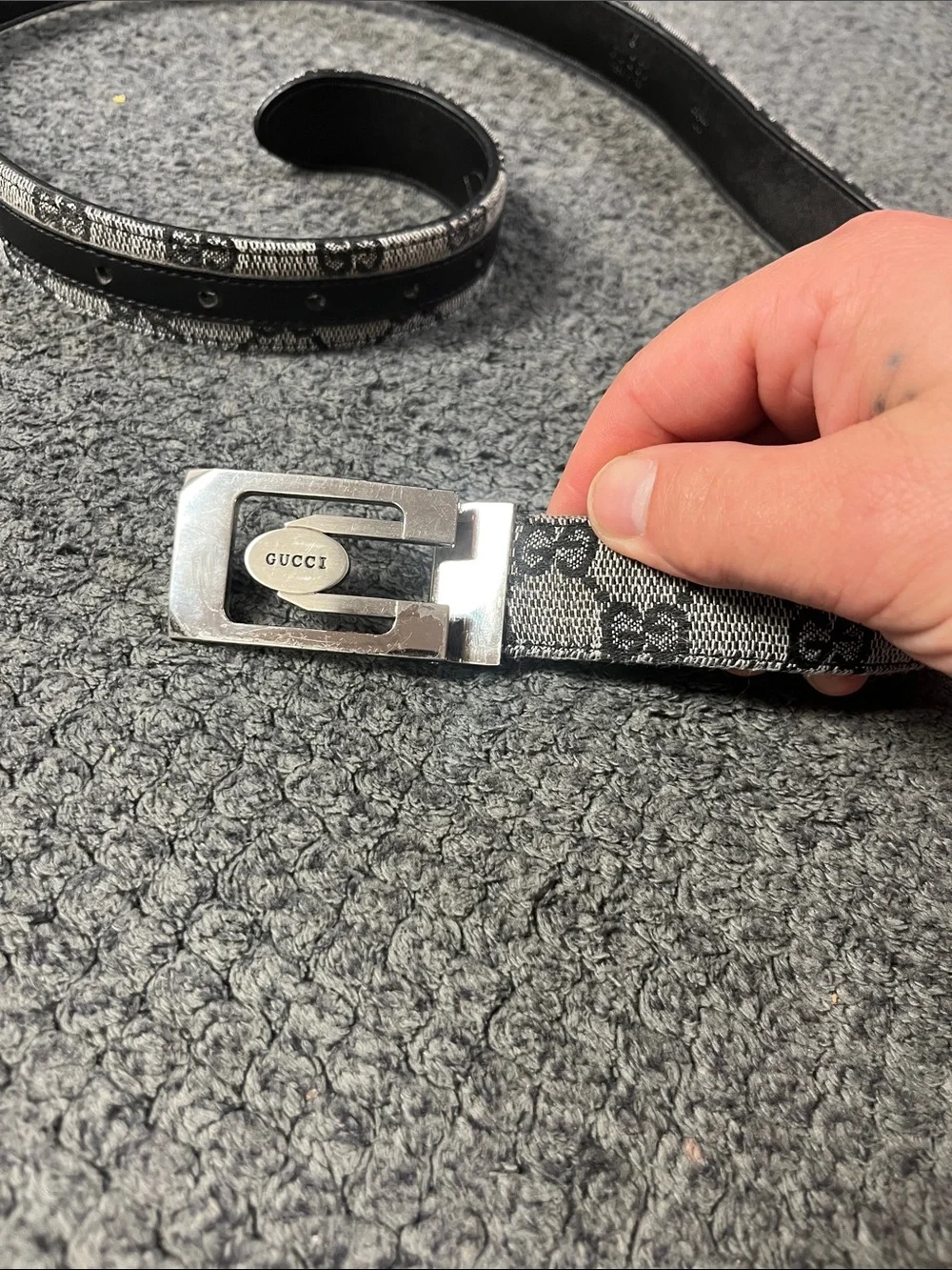 Gucci Black and Grey GG Monogram Buckle Belt